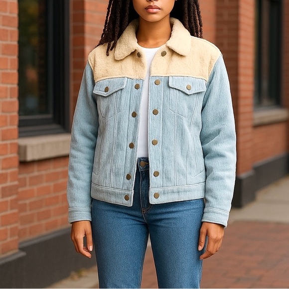 Sherpa Lined Corduroy Jean Jacket Light Blue - Picture 1 of 12